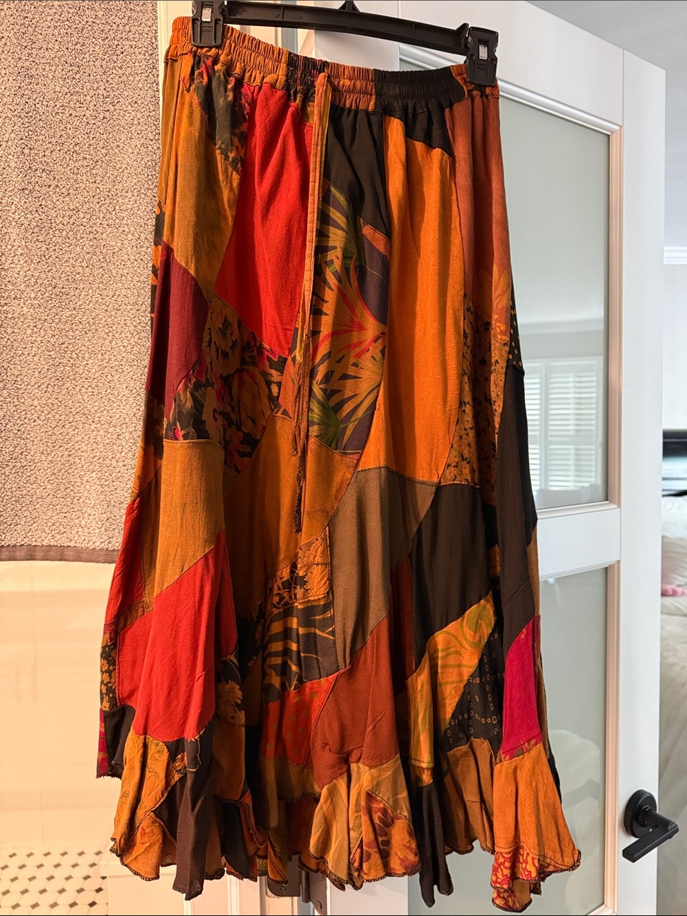 Women's Patchwork Tiered Maxi Skirt in Rust & Red